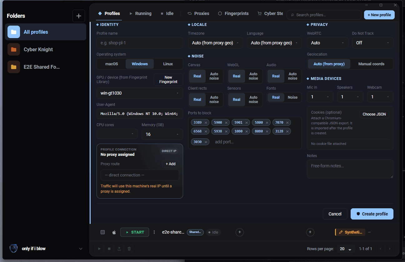 Cyber Stealth Pro workspace setup screen
